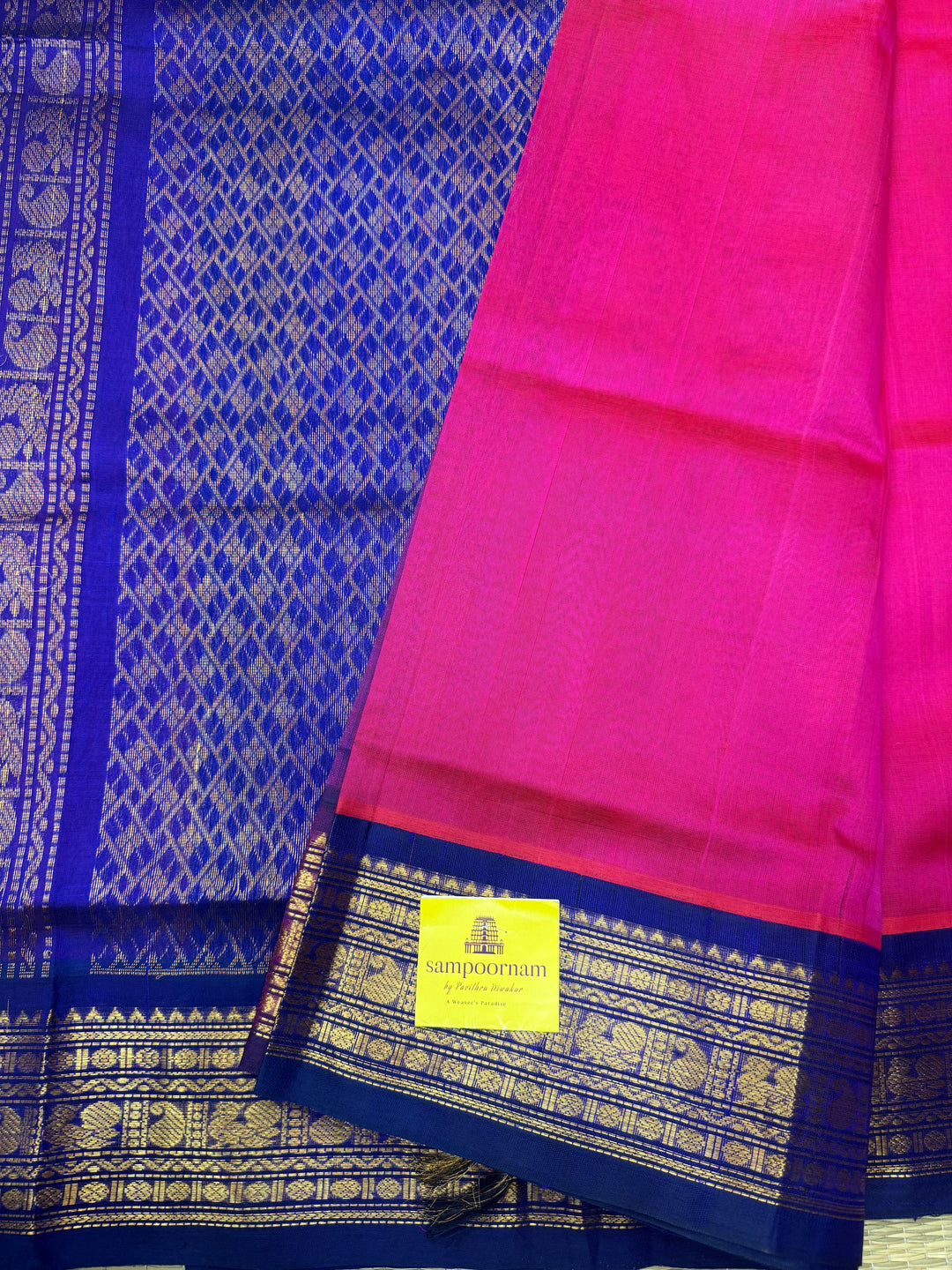 Dark Pink with Blue , Traditional Borders with Rich Pallu Korvai Silk Cotton Saree