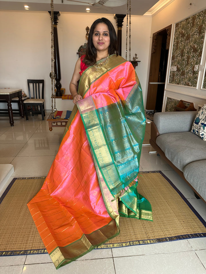 Baby Pink with Sea Green Mayil Chakram Silk Cotton Saree