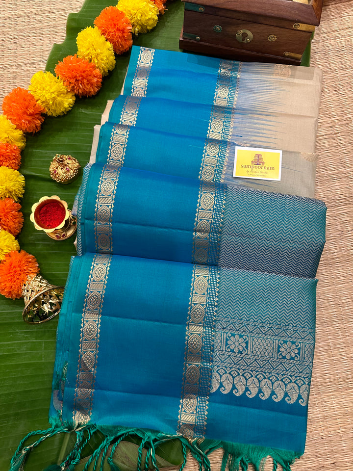 Ven Pattu with Blue Rettapet Border , Zari Motif in the Body and Rich Pallu Pure Soft Silk Saree