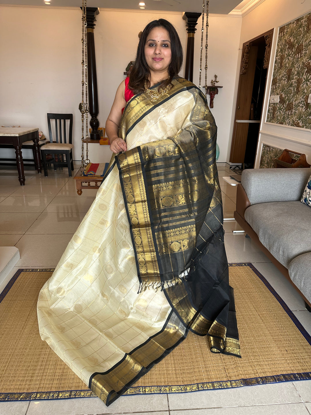 Offwhite with Black Mayil Chakram Silk Cotton Saree