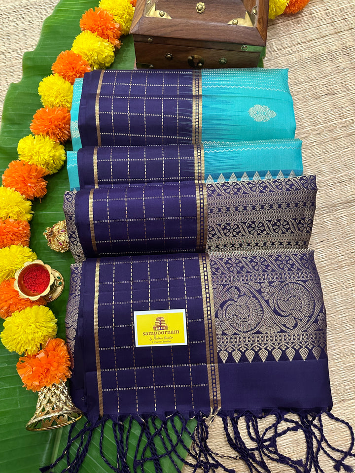 Light Greenish Blue with Dark Blue ,Zari Checks In the Border , Silver and Gold Zari Lines in the Body and Rich Pallu, Pure Soft Silk Saree