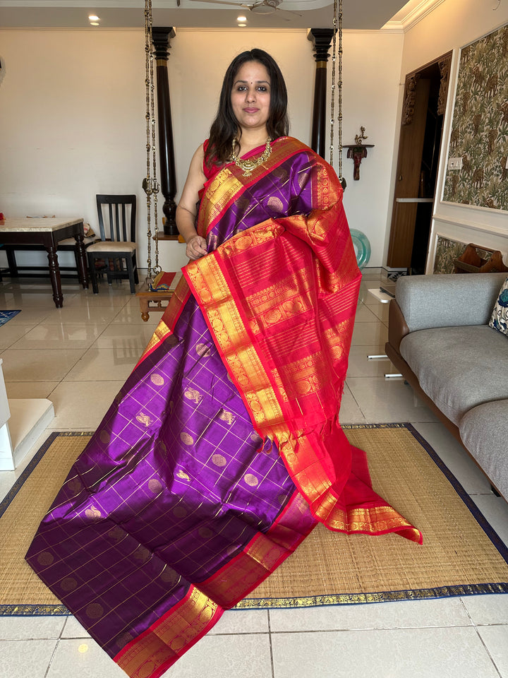 Purple with Red Mayil Chakram Silk Cotton Saree