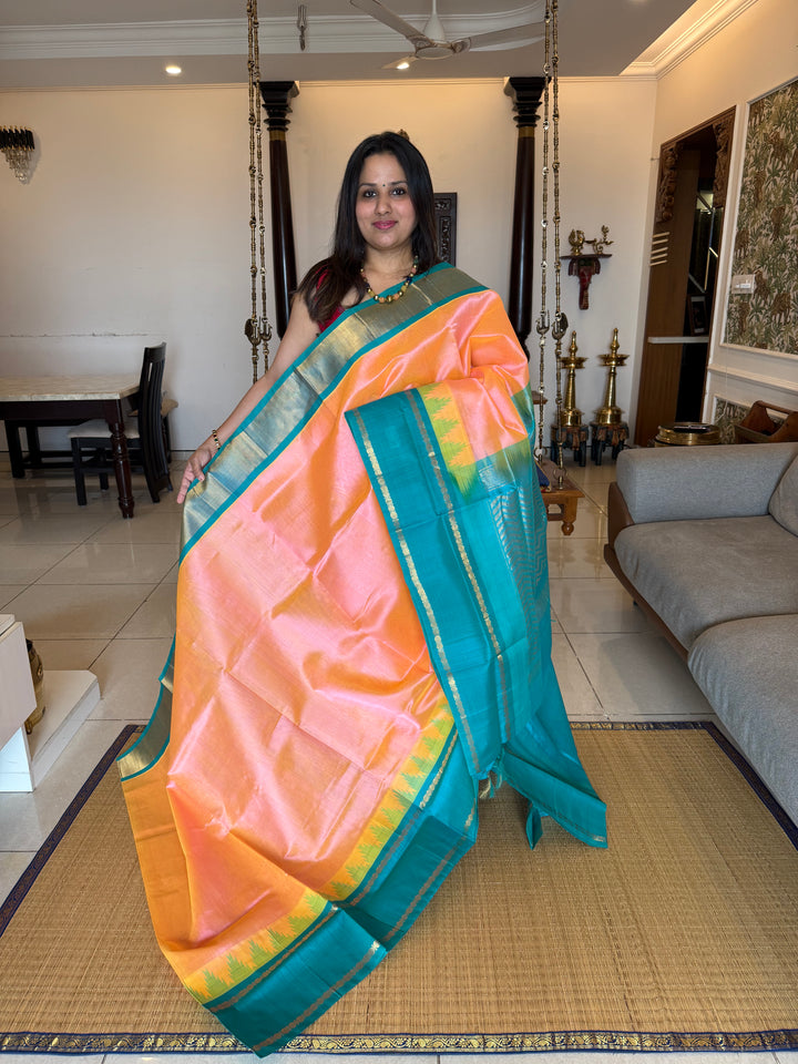 Peachish Pink with Turquoise Blue, One Side Rettapet Temple Border , Rich Pallu Korvai Silk Cotton Saree