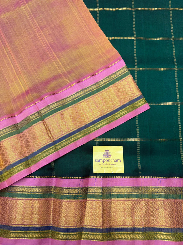 Green with Peach , Zari Checks with rich Butta in the body and Traditional  border , rich Pallu Korvai Silk Cotton Saree