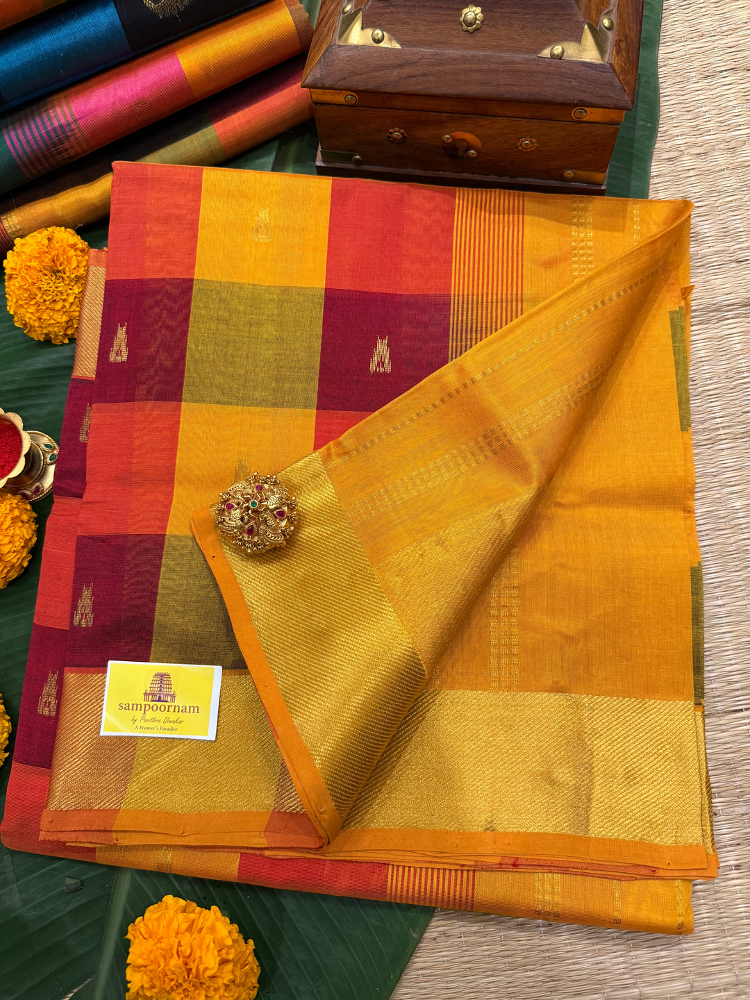 Red, Orange, Mustard Zari Butta in the Body Pallum Pazham Kattam Silk Cotton Saree