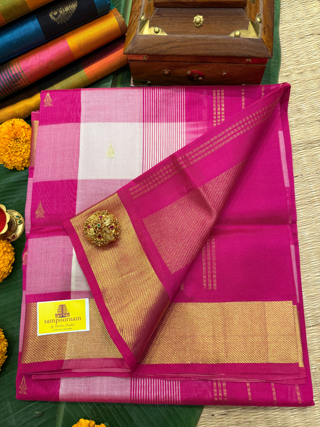 Pink , White Zari Butta in the Body Pallum Pazham Kattam Silk Cotton Saree