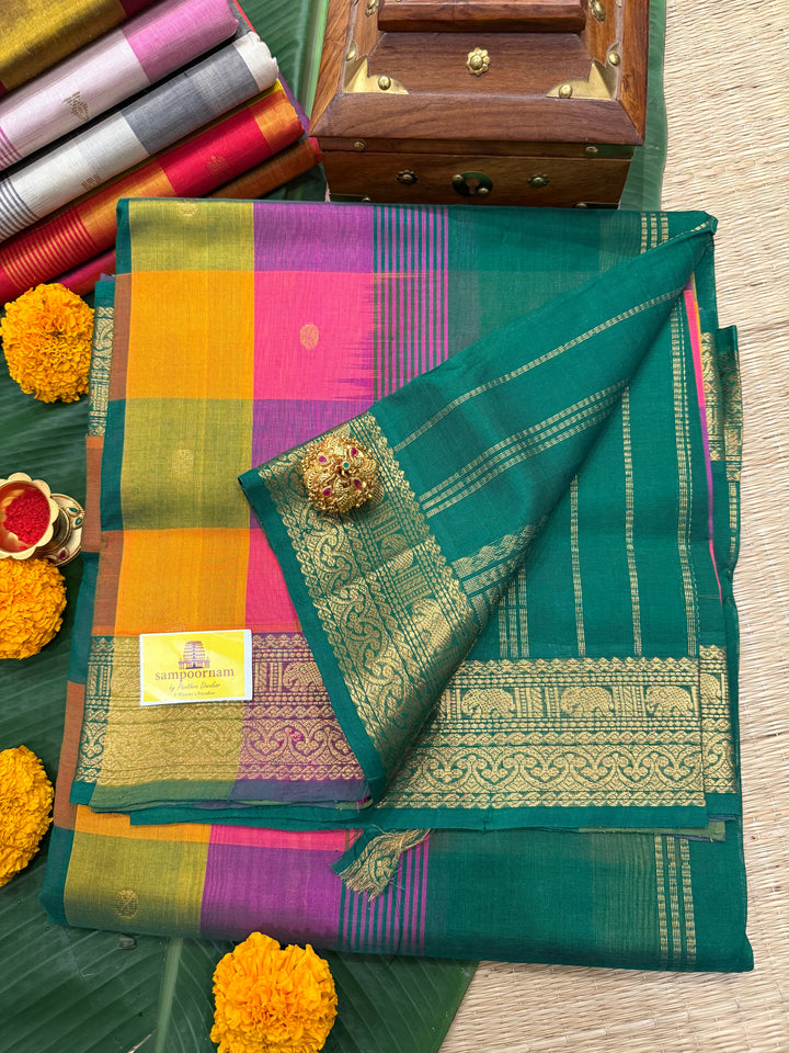 Pink, Purple, Manjal, Green Zari Butta in the Body Pallum Pazham Kattam Silk Cotton Saree