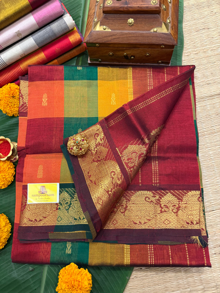 Maroon, Manjal , Green Zari Butta in the Body Pallum Pazham Kattam Silk Cotton Saree