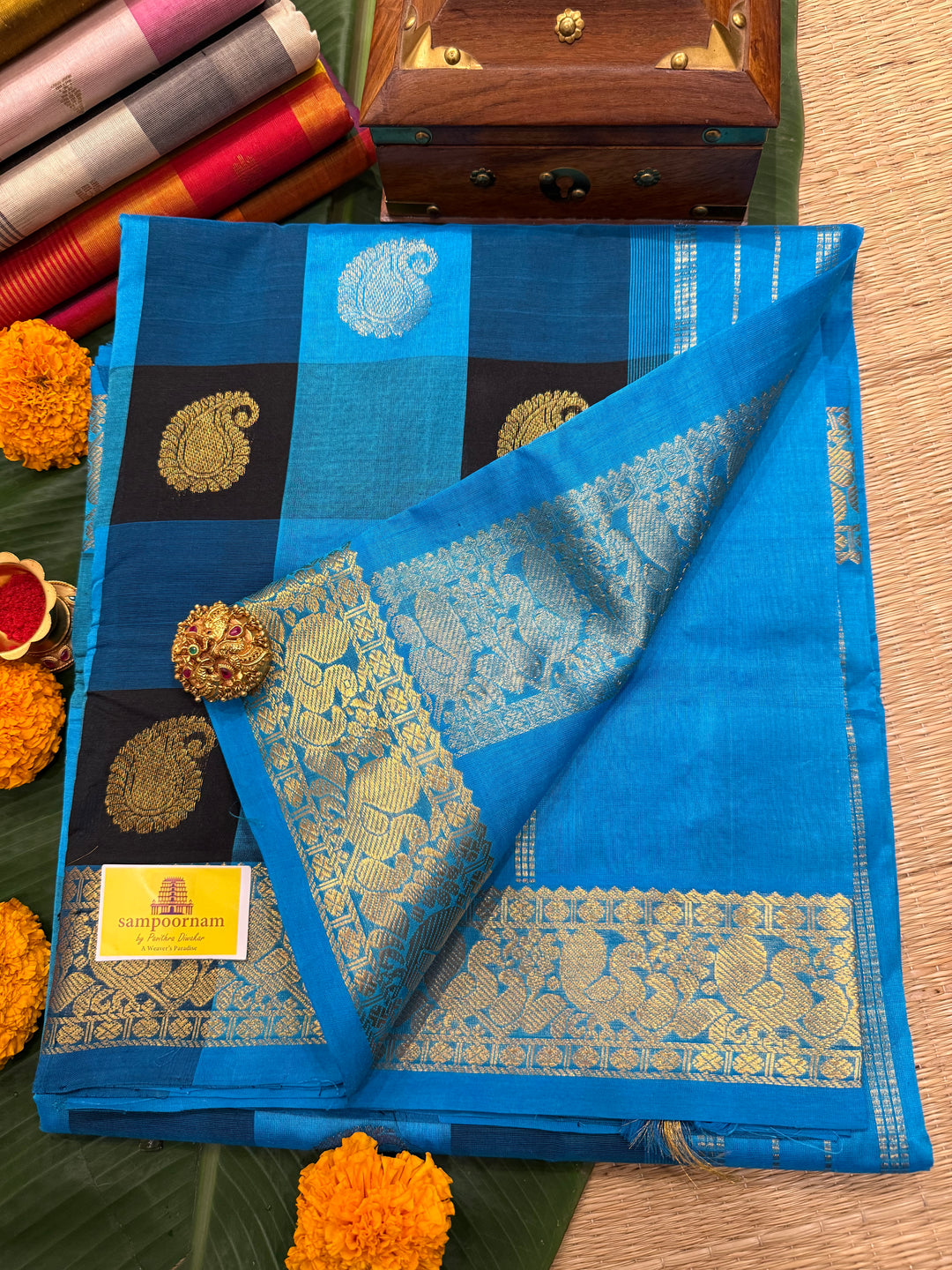 Blue Black Zari Butta in the Body Pallum Pazham Kattam Silk Cotton Saree