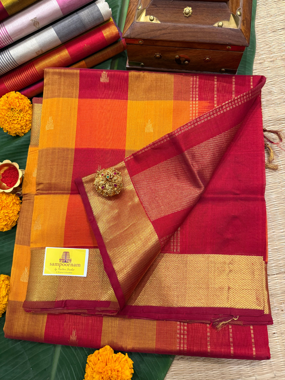 Red, Orange, Mustard Zari Butta in the Body Pallum Pazham Kattam Silk Cotton Saree