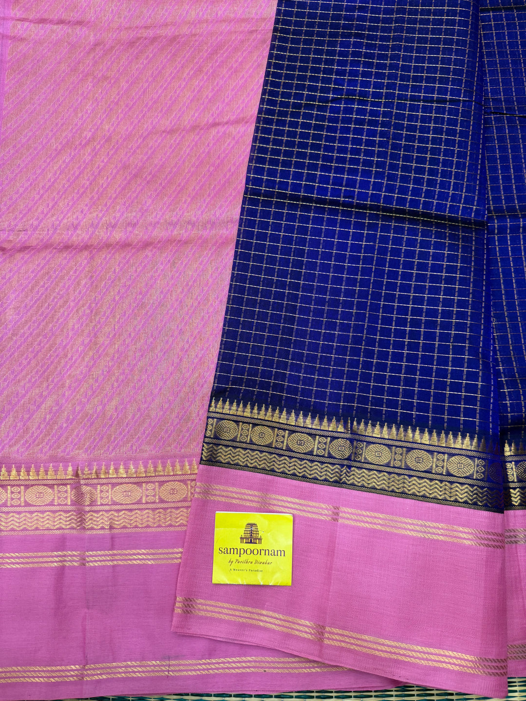Indigo Blue with Baby Pink , Zari checks in the body and rettapet border , rich Pallu Korvai Silk Cotton Saree