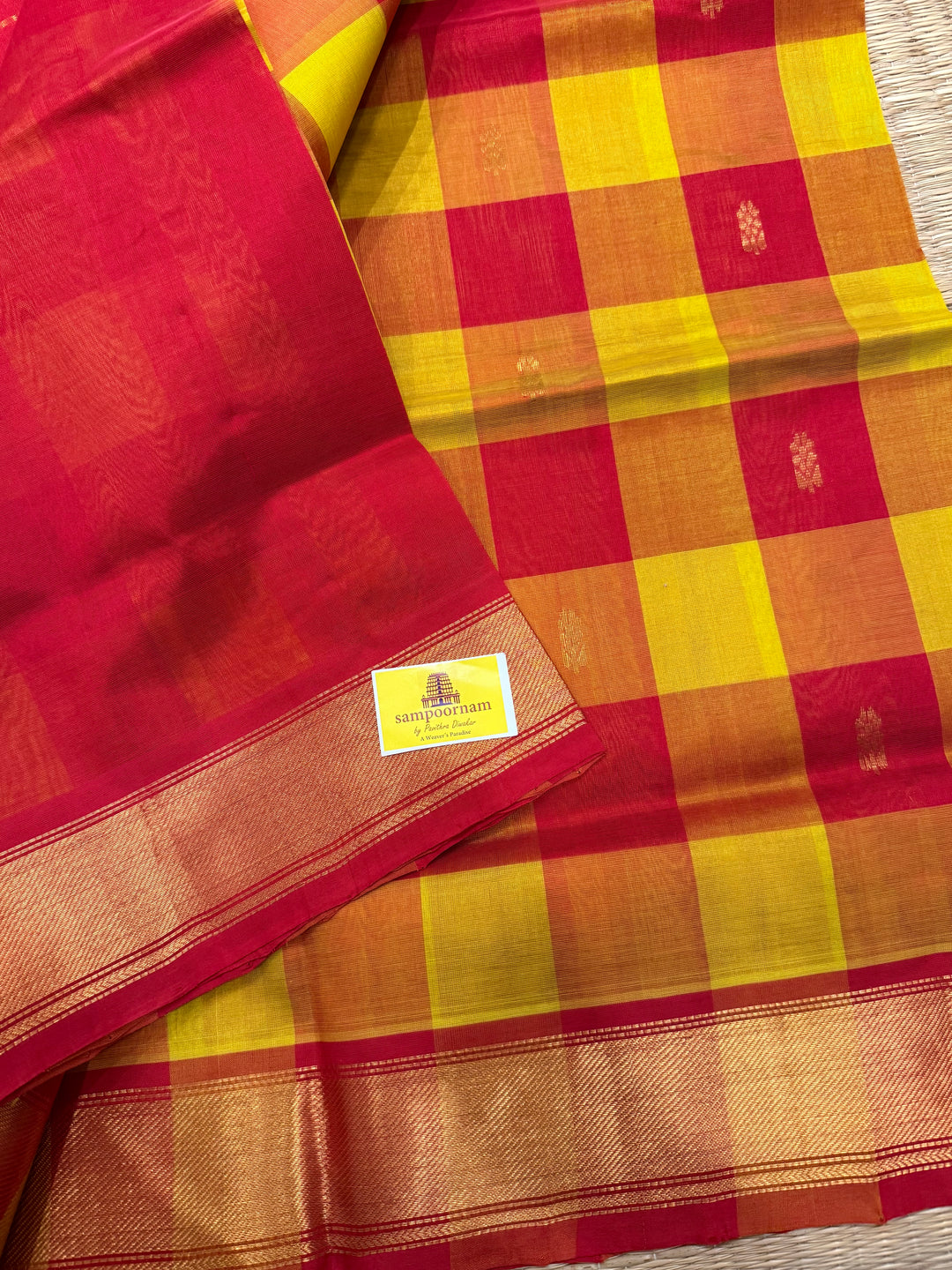 Yellow, Red Zari Butta in the Body Pallum Pazham Kattam Silk Cotton Saree