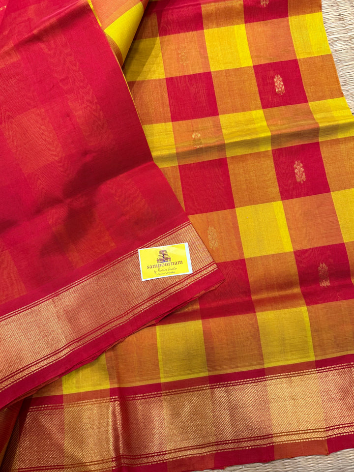 Yellow, Red Zari Butta in the Body Pallum Pazham Kattam Silk Cotton Saree