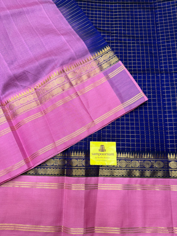 Indigo Blue with Baby Pink , Zari checks in the body and rettapet border , rich Pallu Korvai Silk Cotton Saree
