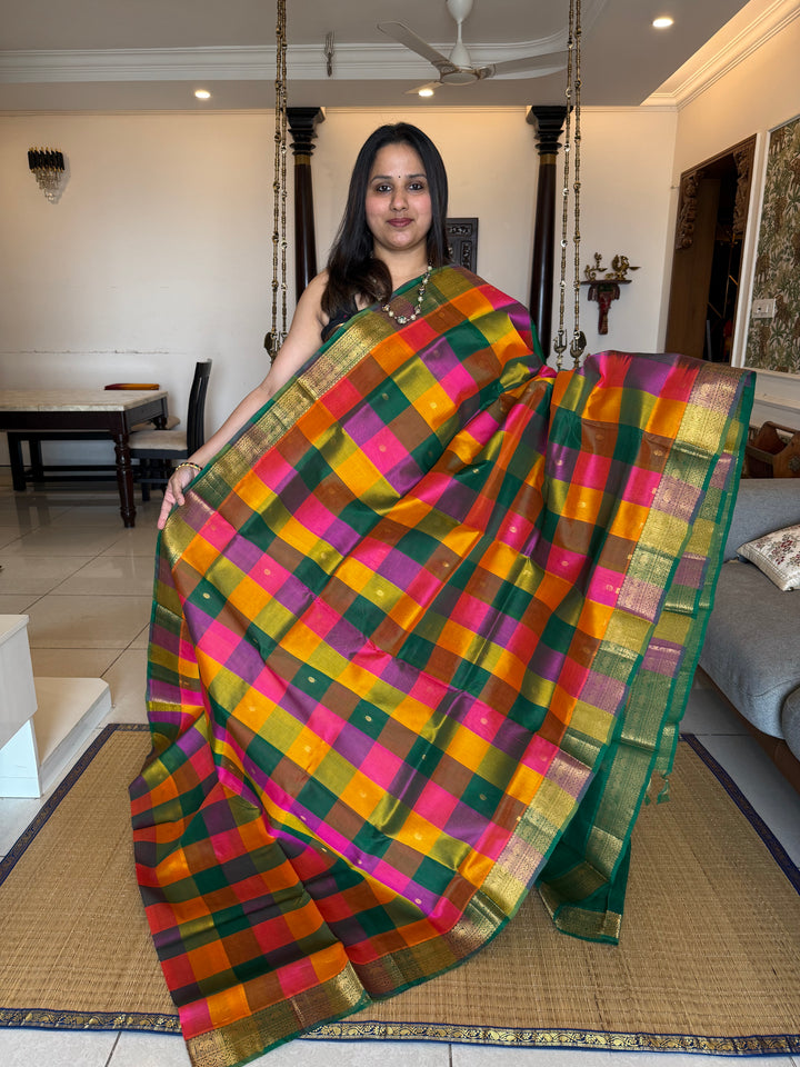 Pink, Purple, Manjal, Green Zari Butta in the Body Pallum Pazham Kattam Silk Cotton Saree