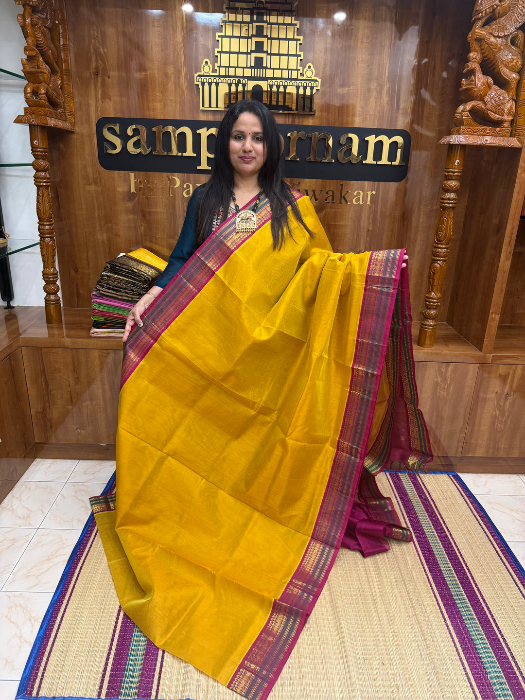 Mustard with Magenta , Traditional Borders with Rich Pallu Korvai Silk Cotton Saree