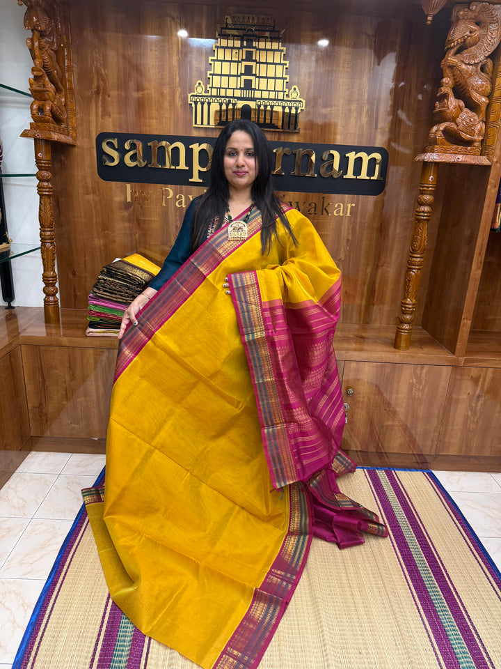 Mustard with Magenta , Traditional Borders with Rich Pallu Korvai Silk Cotton Saree
