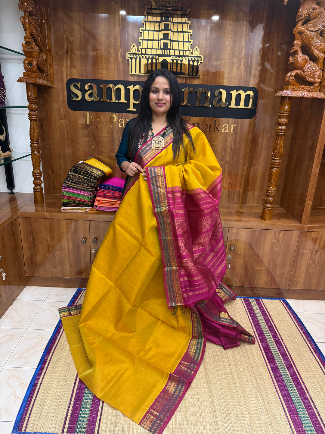 Mustard with Magenta , Traditional Borders with Rich Pallu Korvai Silk Cotton Saree