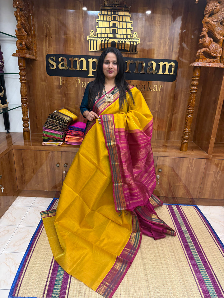 Mustard with Magenta , Traditional Borders with Rich Pallu Korvai Silk Cotton Saree