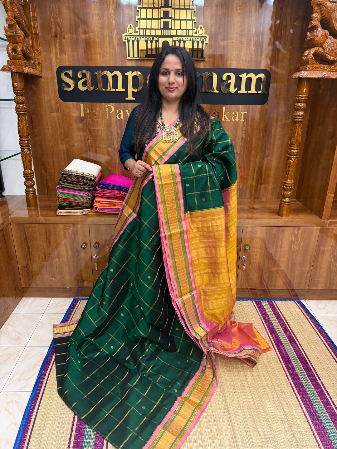 Green with Peach , Zari Checks with rich Butta in the body and Traditional  border , rich Pallu Korvai Silk Cotton Saree