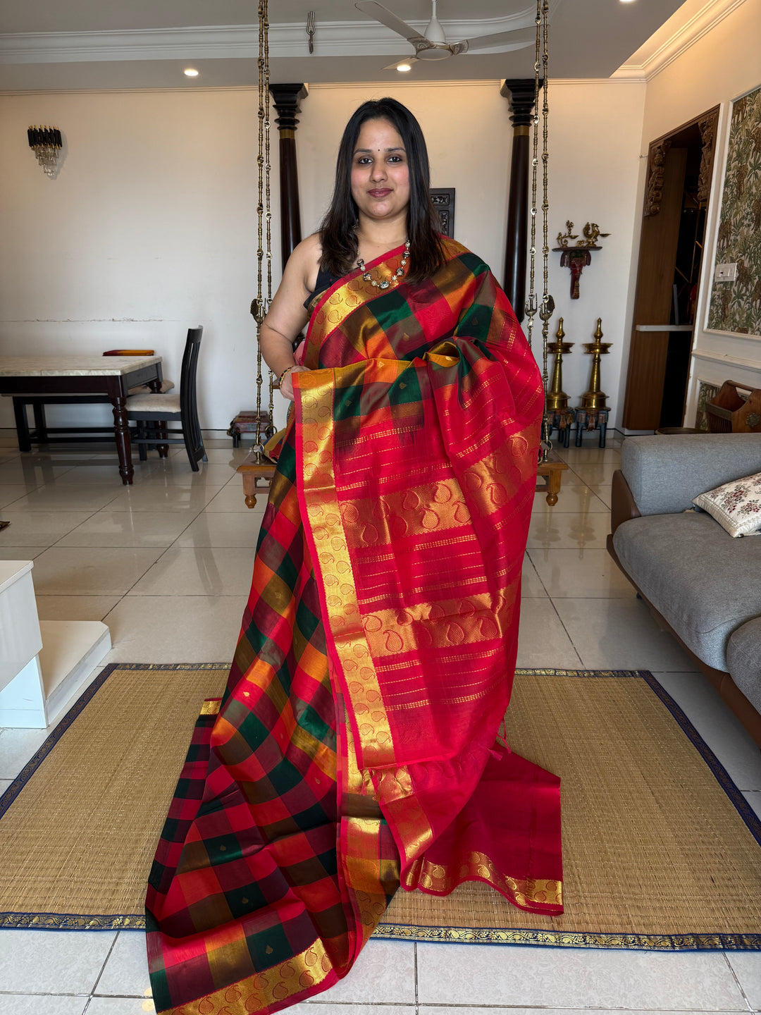 Red, Green, Orange Pallum Pazham Kattam Silk Cotton Saree