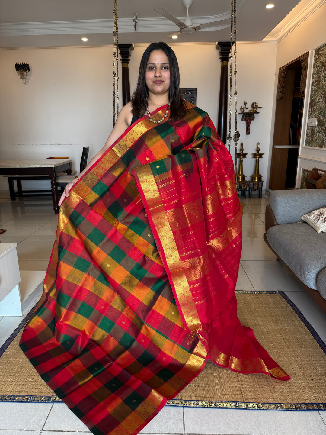 Red, Green, Orange Pallum Pazham Kattam Silk Cotton Saree