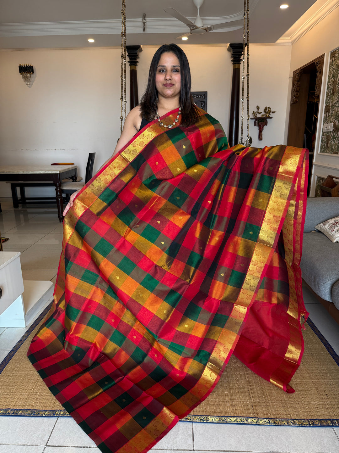 Red, Green, Orange Pallum Pazham Kattam Silk Cotton Saree