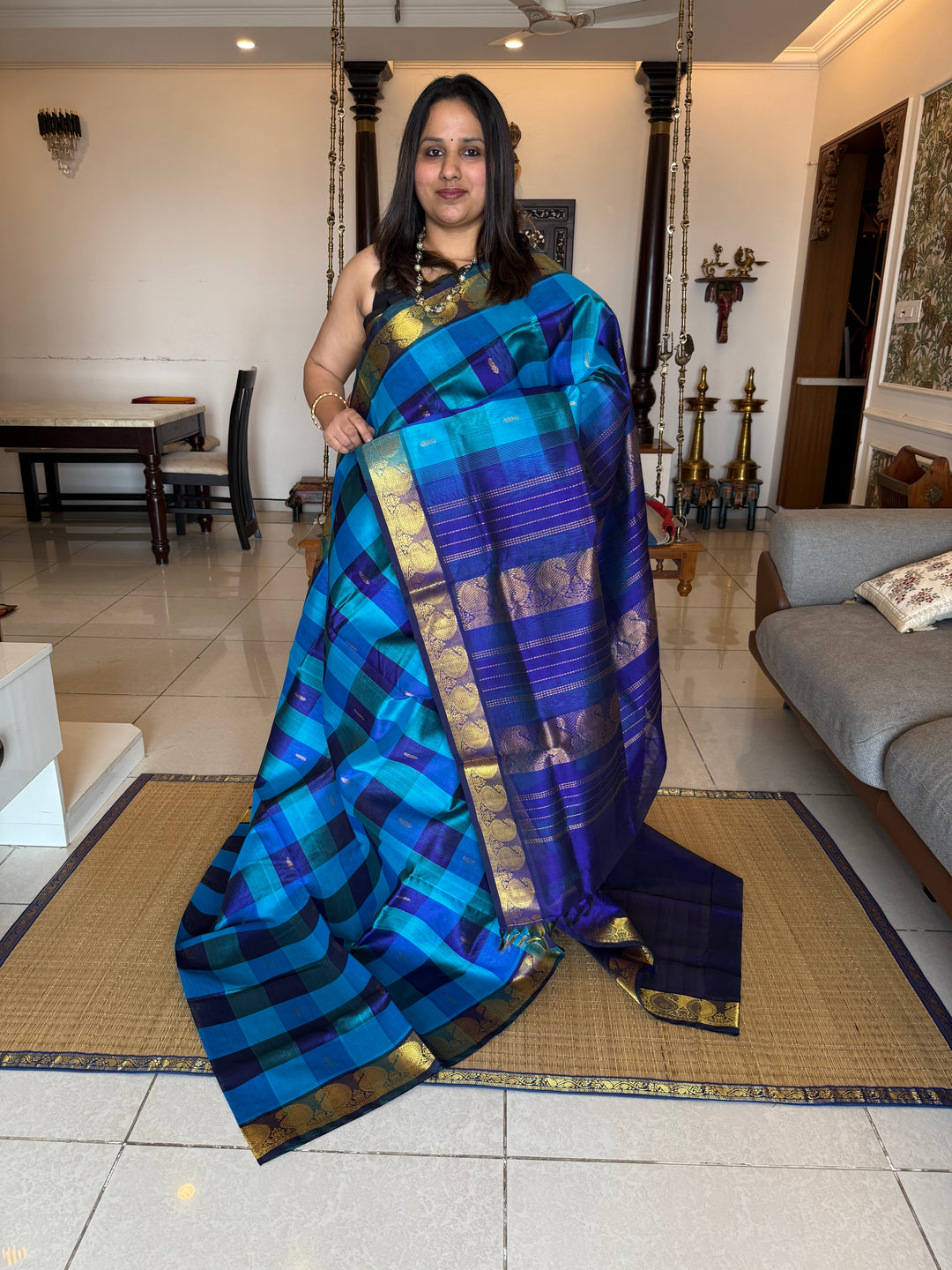 Dark Blue, Light Blue Zari Butta in the Body Pallum Pazham Kattam Silk Cotton Saree