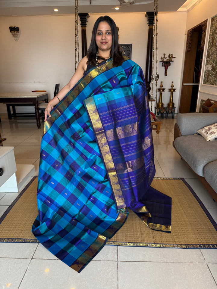 Dark Blue, Light Blue Zari Butta in the Body Pallum Pazham Kattam Silk Cotton Saree