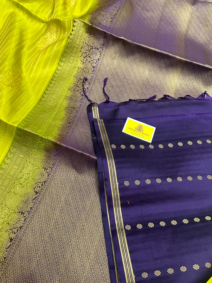 Lemon Yellow with Purple Rich Body with Silver and Gold Zari Lines and Rich Zari Butta with A Grand Pallu Pure Soft Silk Saree