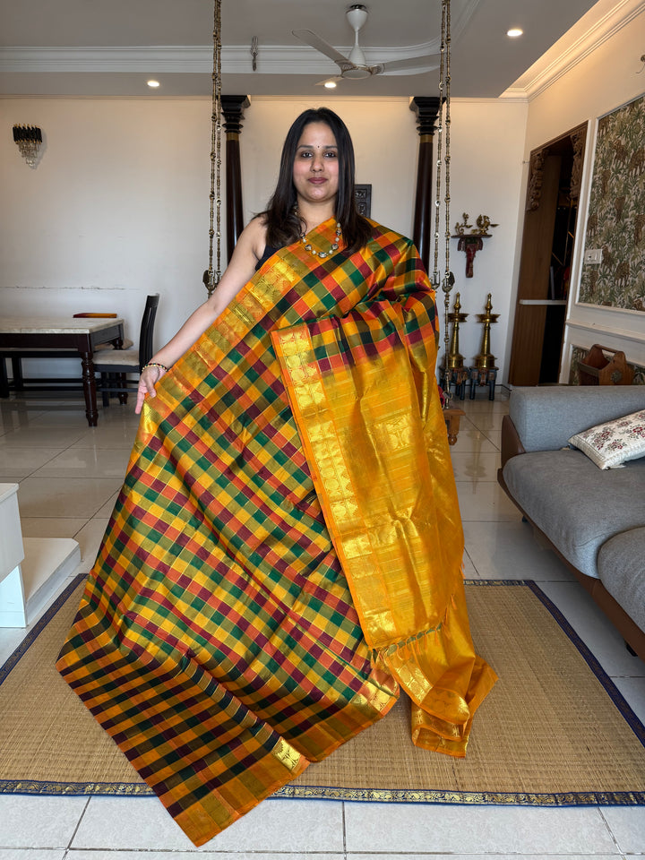 Red,Green,Mustard Small Checks with Zari Lines  Pallum Pazham Kattam Silk Cotton Saree