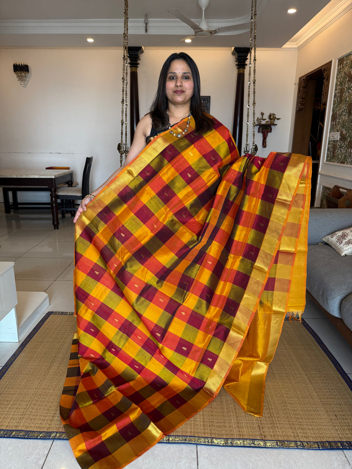 Red, Orange, Mustard Zari Butta in the Body Pallum Pazham Kattam Silk Cotton Saree