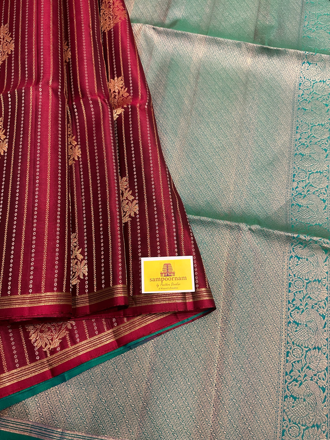 Dark Maroon with Turquoise Blue Rich Body with Zari Butta and Rich Pallu Pure Soft Silk Saree