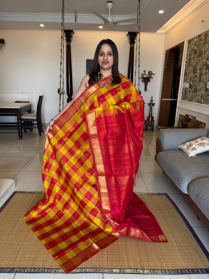 Yellow, Red Zari Butta in the Body Pallum Pazham Kattam Silk Cotton Saree