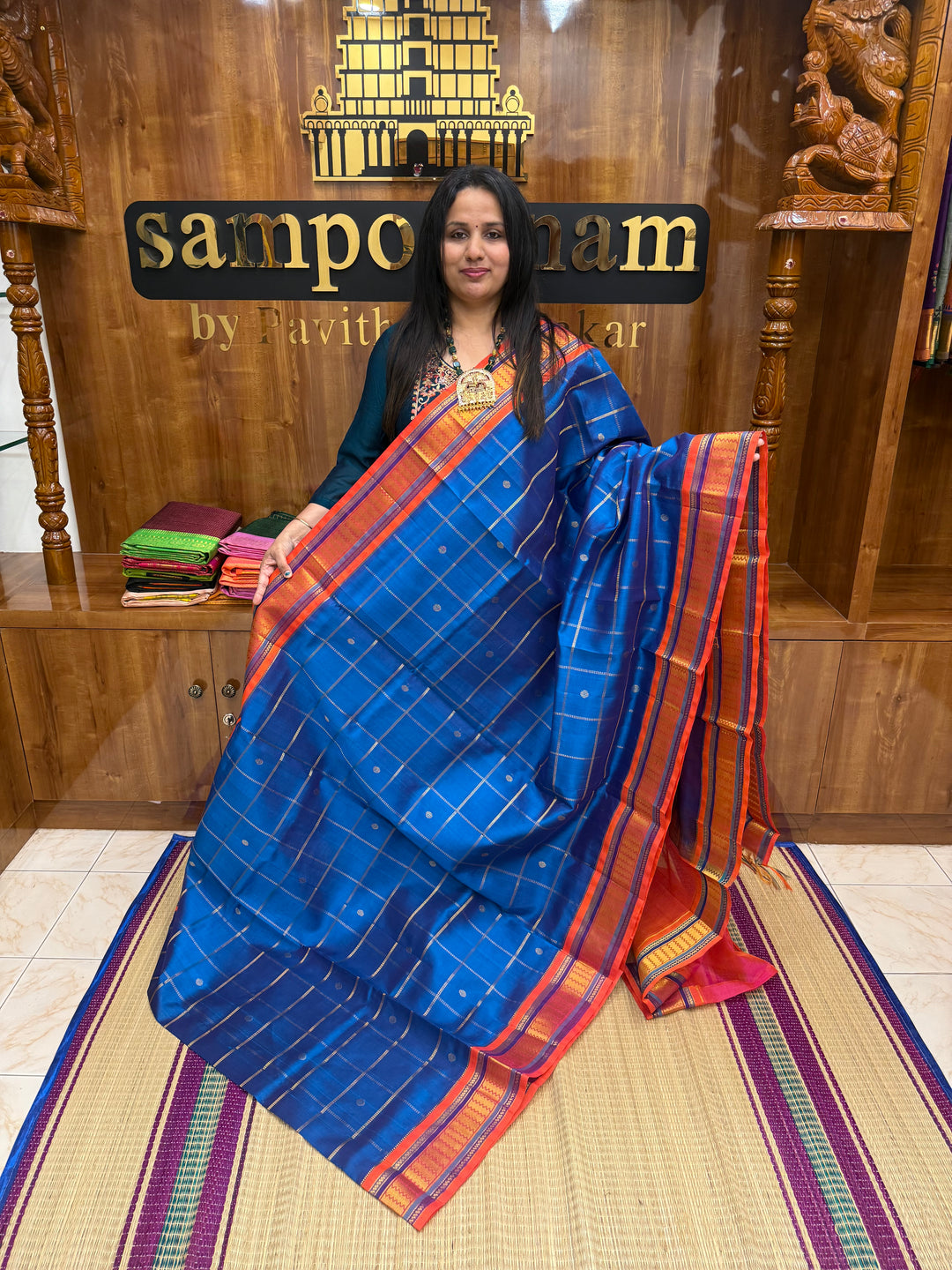 Saphire Blue with Pink , Zari Checks with rich Butta in the body and Traditional  border , rich Pallu Korvai Silk Cotton Saree