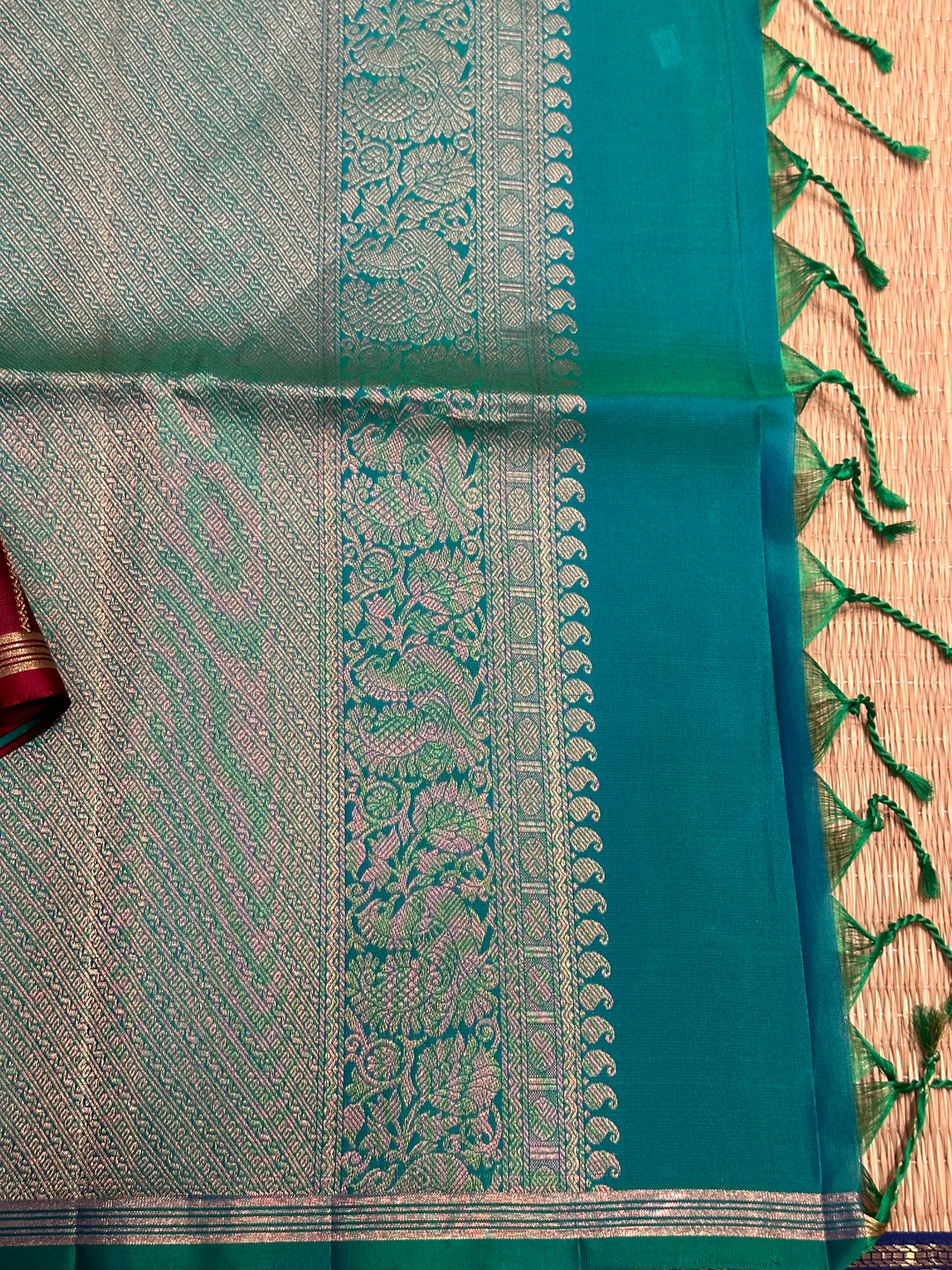 Dark Maroon with Turquoise Blue Rich Body with Zari Butta and Rich Pallu Pure Soft Silk Saree