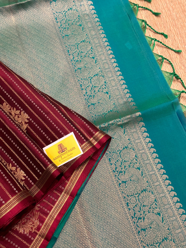 Dark Maroon with Turquoise Blue Rich Body with Zari Butta and Rich Pallu Pure Soft Silk Saree