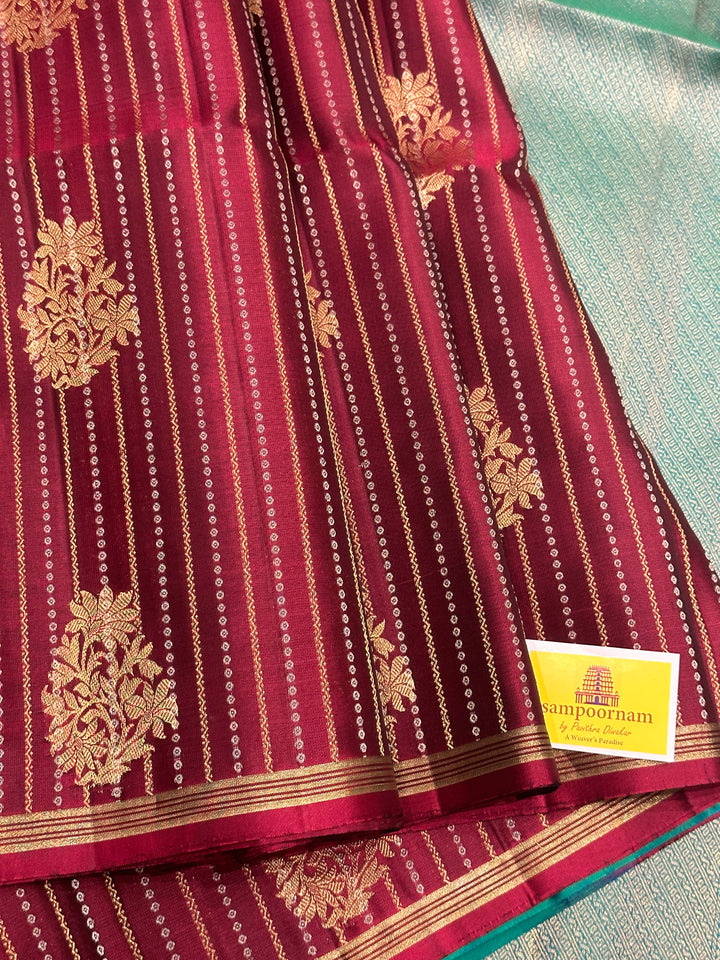 Dark Maroon with Turquoise Blue Rich Body with Zari Butta and Rich Pallu Pure Soft Silk Saree