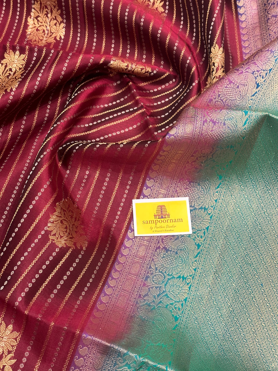 Maroon, Manjal , Green Zari Butta in the Body Pallum Pazham Kattam Silk Cotton Saree