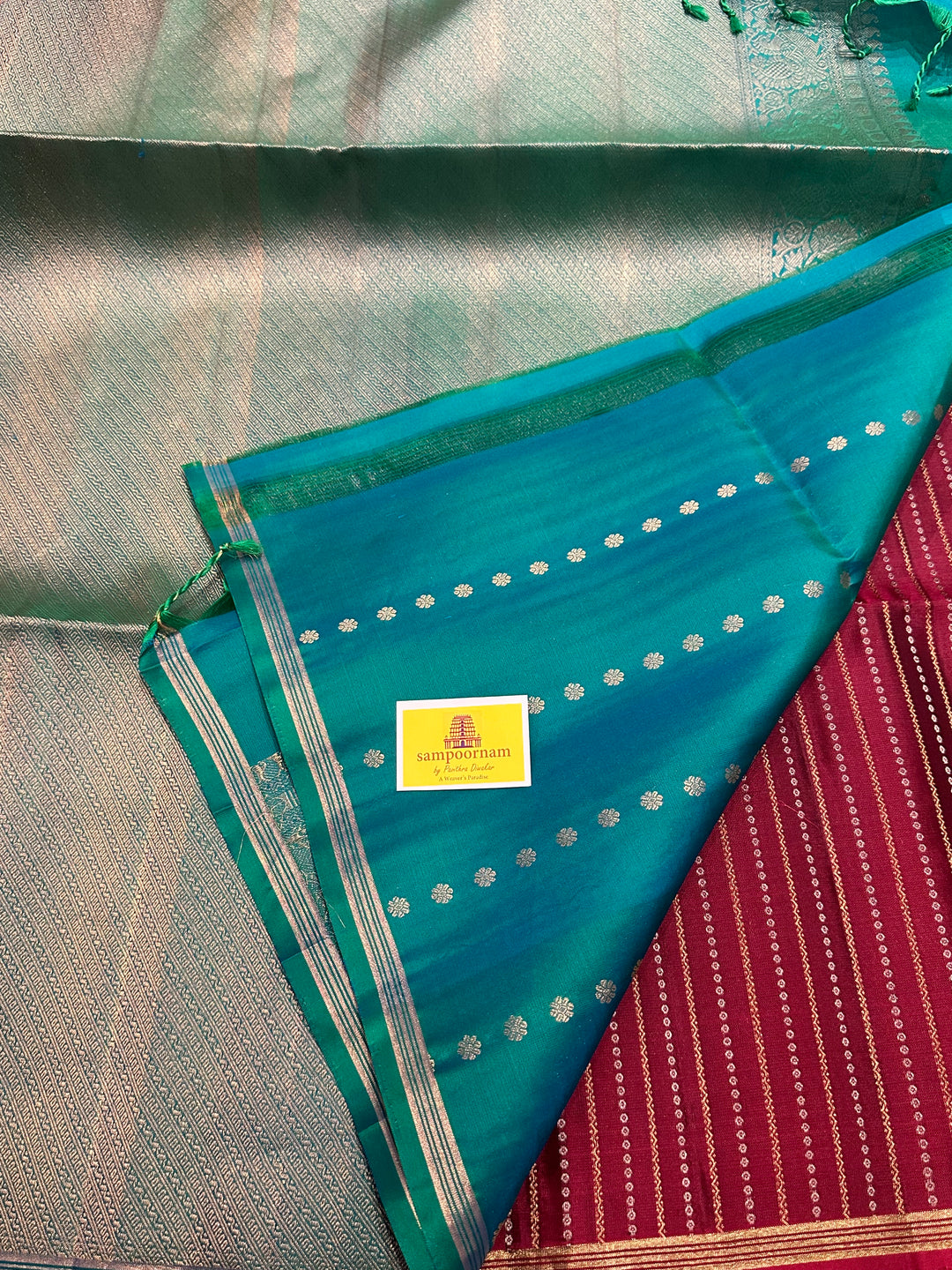 Dark Maroon with Turquoise Blue Rich Body with Zari Butta and Rich Pallu Pure Soft Silk Saree