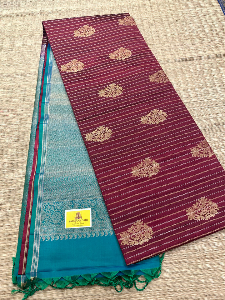 Dark Maroon with Turquoise Blue Rich Body with Zari Butta and Rich Pallu Pure Soft Silk Saree