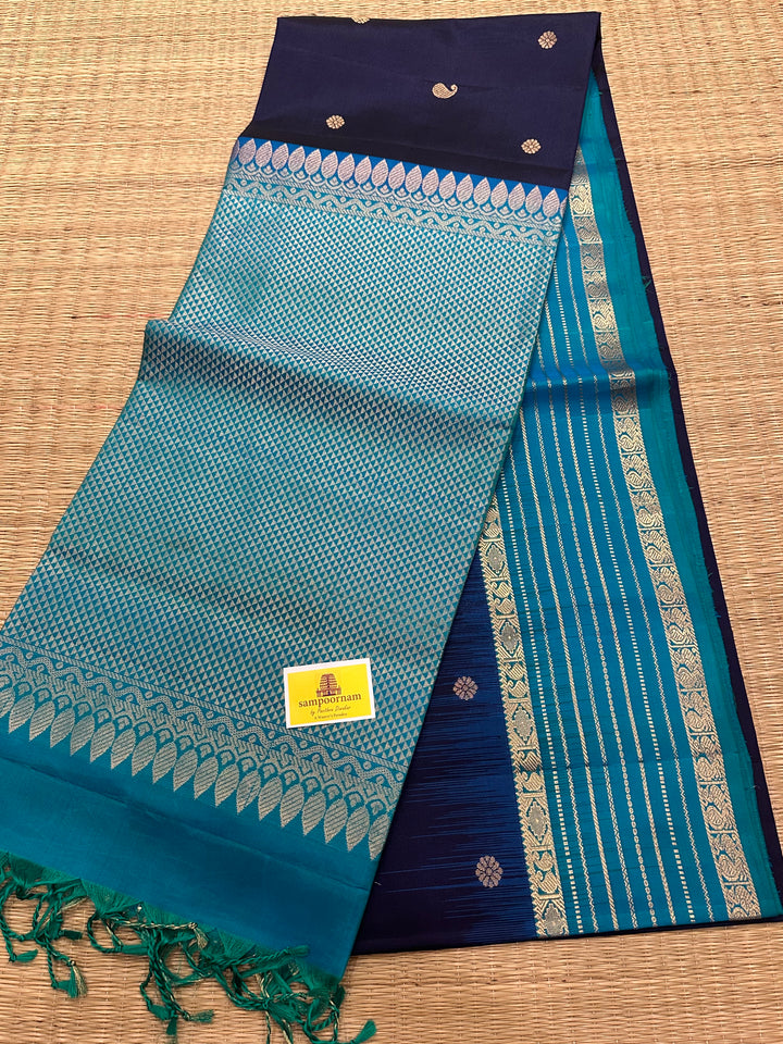 Dark Blue with Light Blue, Zari Butta in the Body, Border Zari Lines and Rich Pallu , Pure Soft Silk Saree