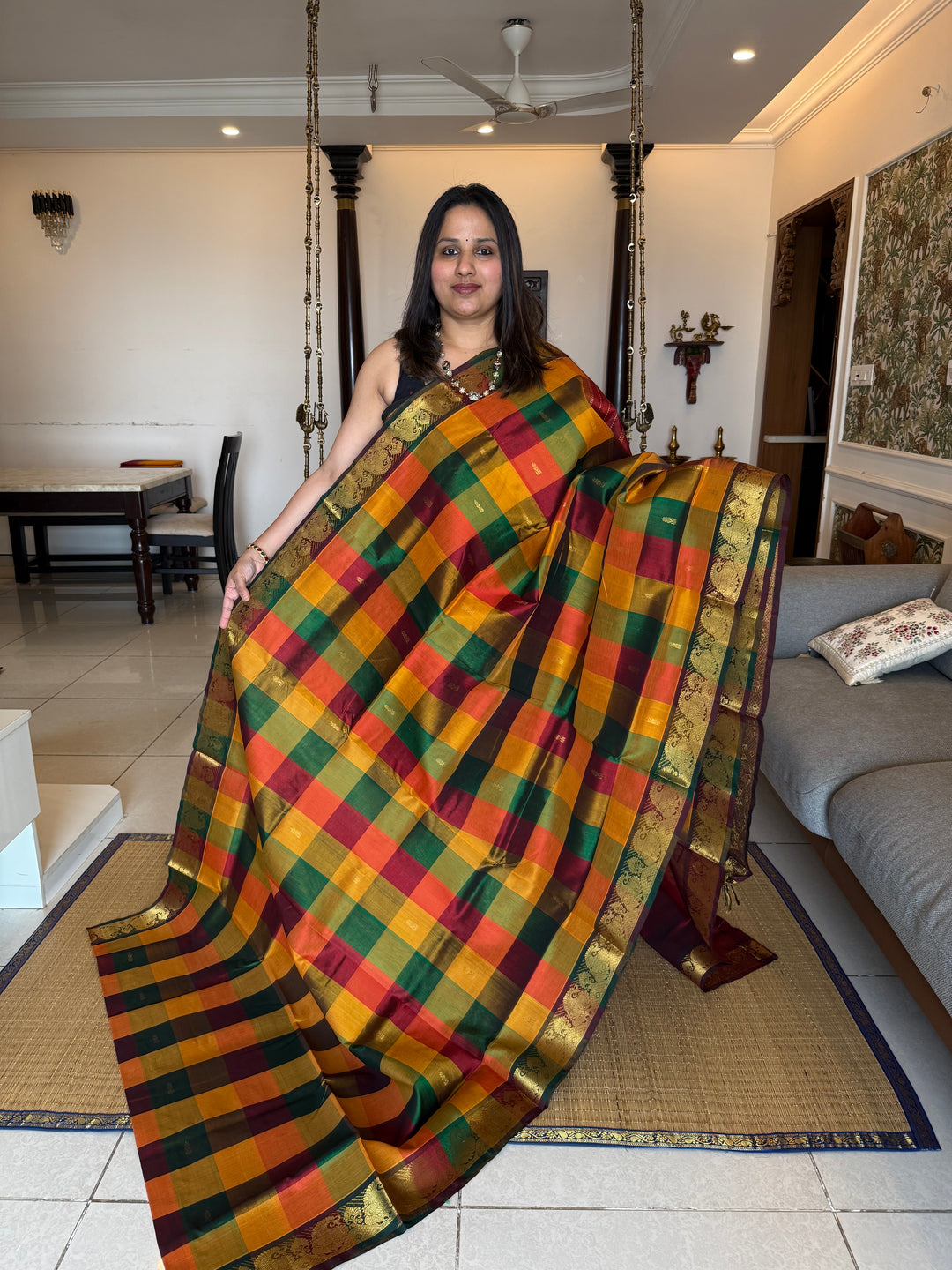 Maroon, Manjal , Green Zari Butta in the Body Pallum Pazham Kattam Silk Cotton Saree