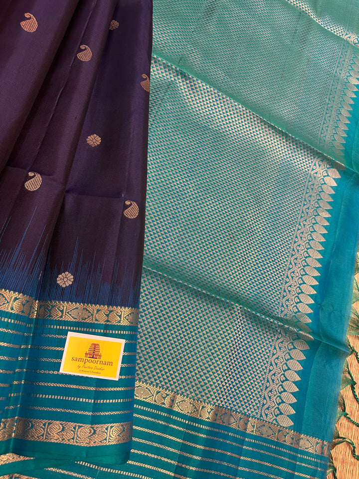 Blue Black Zari Butta in the Body Pallum Pazham Kattam Silk Cotton Saree