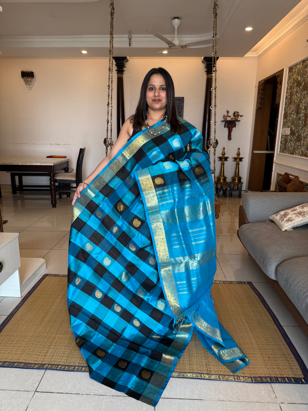 Blue Black Zari Butta in the Body Pallum Pazham Kattam Silk Cotton Saree