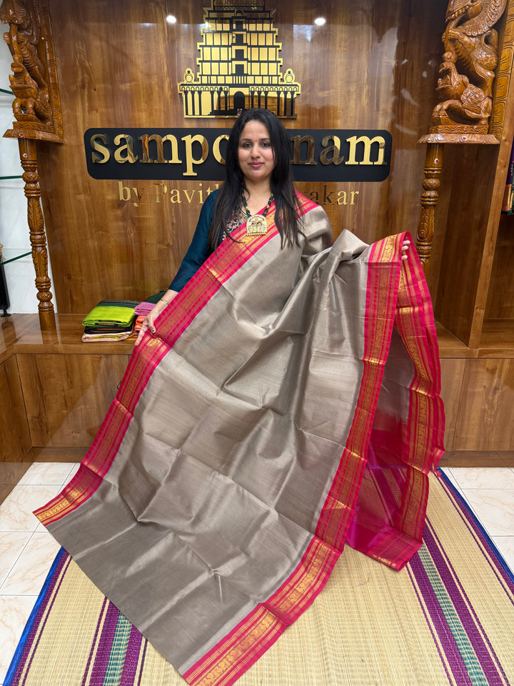 Light Grey with Pink , Traditional Borders with Rich Pallu Korvai Silk Cotton Saree