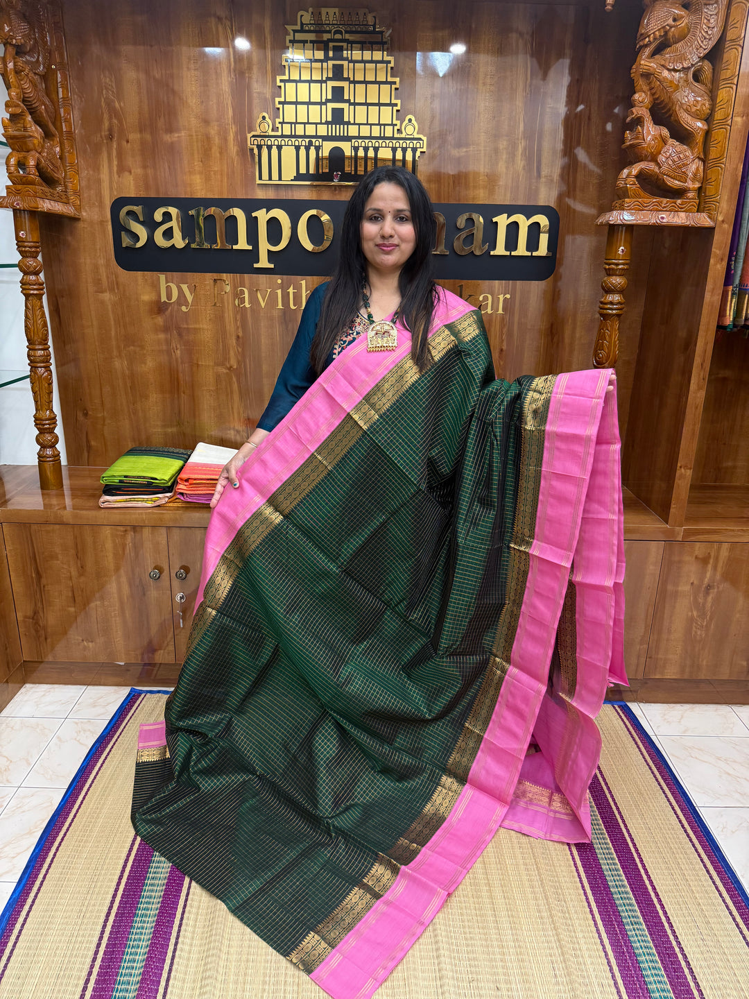 Green with Baby Pink , Zari checks in the body and rettapet border , rich Pallu Korvai Silk Cotton Saree