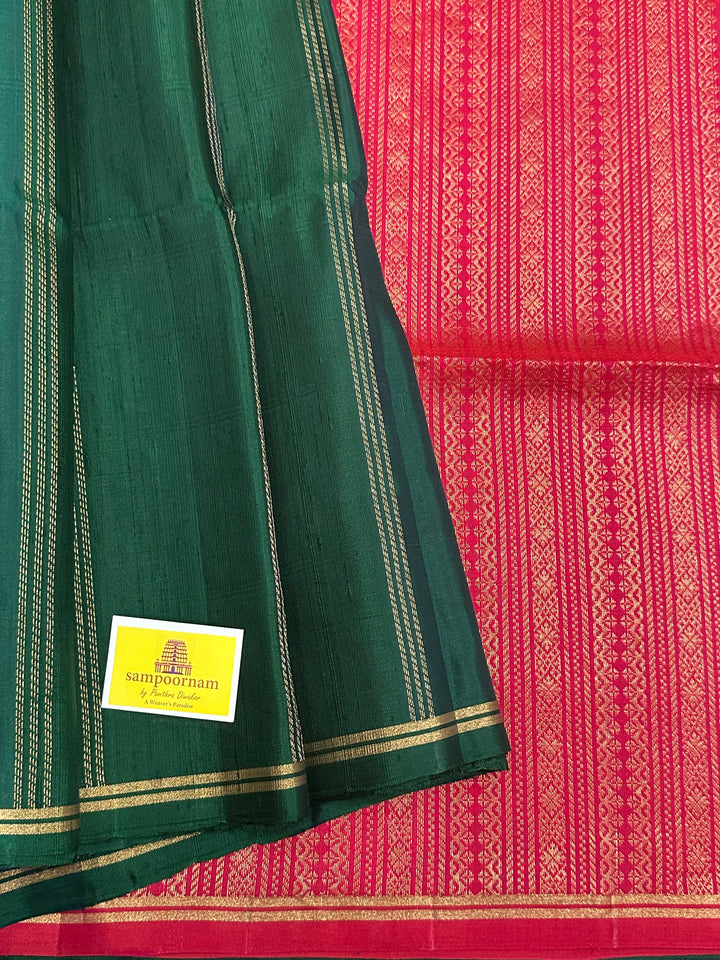 Bottle Green With Red , Vertical Zari Lines and Rich Pallu Pure Soft Silk Saree