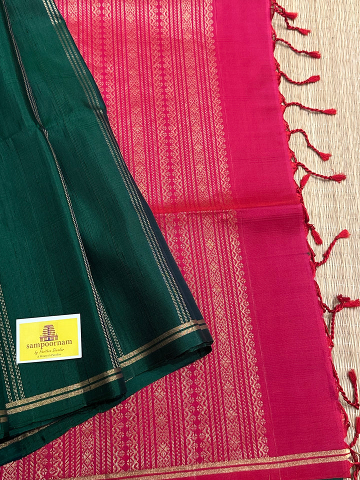 Bottle Green With Red , Vertical Zari Lines and Rich Pallu Pure Soft Silk Saree