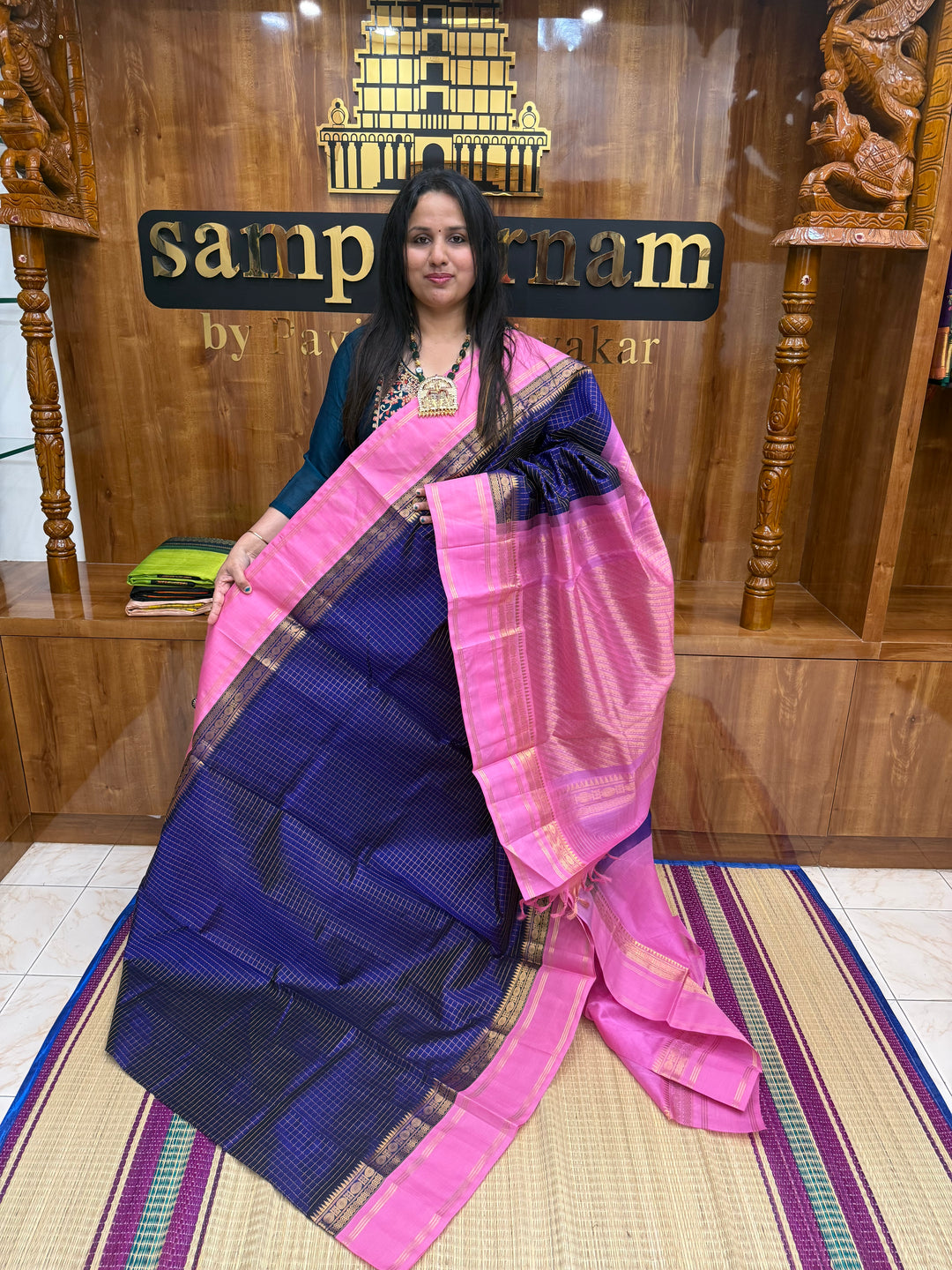 Indigo Blue with Baby Pink , Zari checks in the body and rettapet border , rich Pallu Korvai Silk Cotton Saree